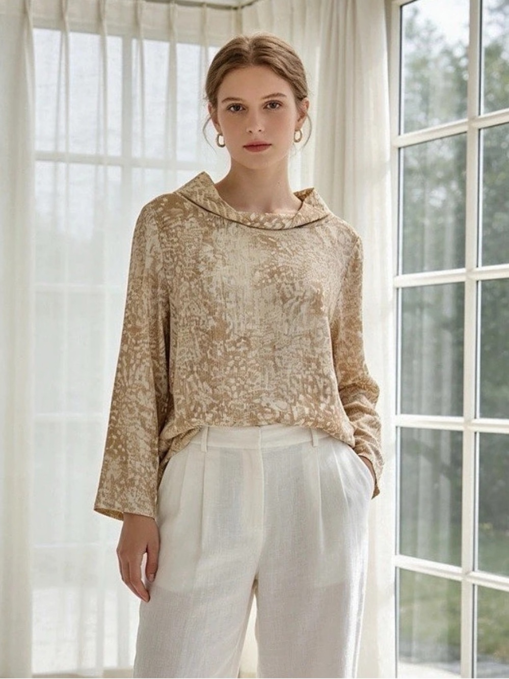 Soft Surroundings Abstract Print Blouse Rayon in Cream & Brown Size Medium